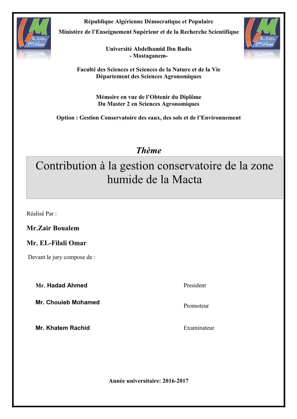 Contribution À La Gestion Conservatoire De La Zone Humide De