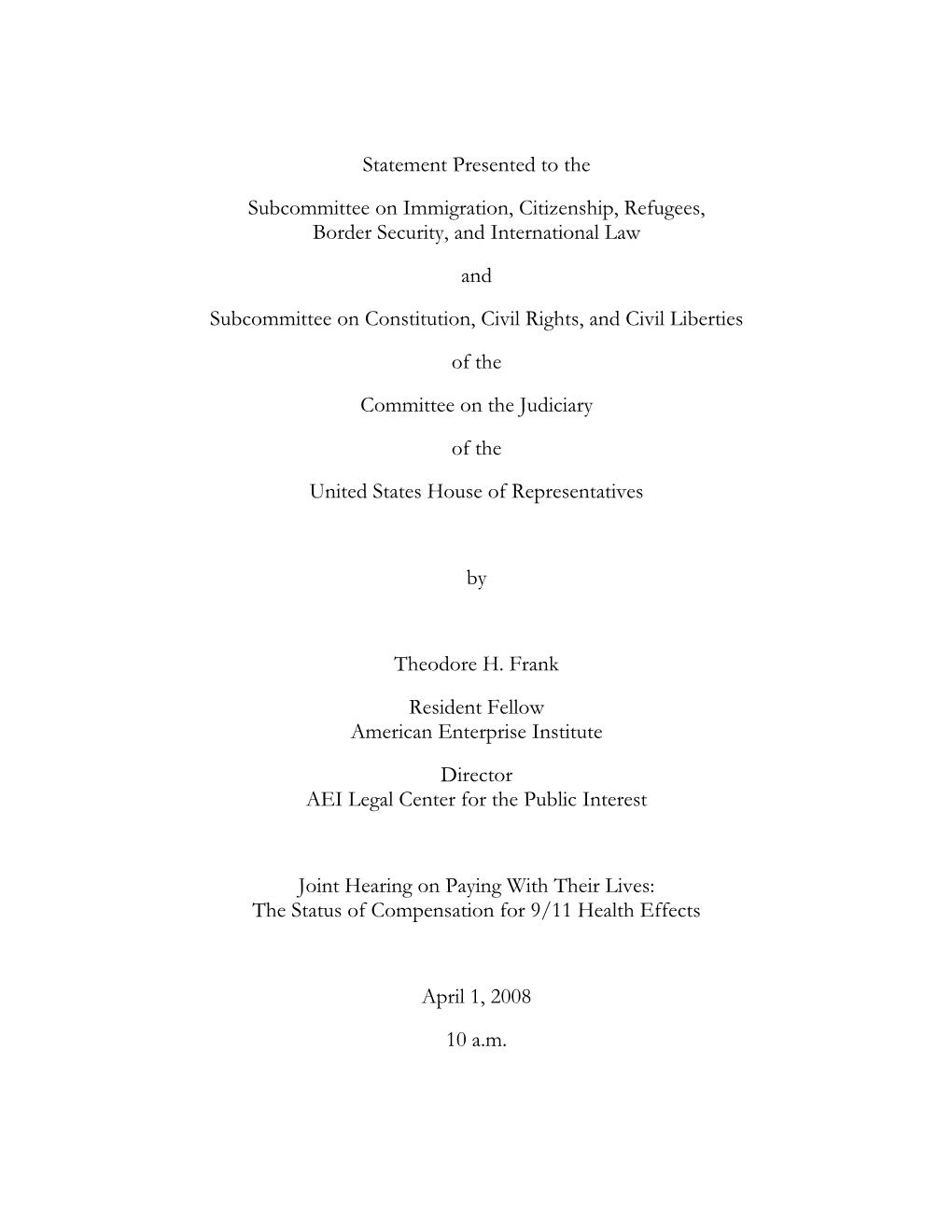 Theodore H. Frank Resident Fellow American Enterprise Institute Director AEI Legal Center for the Public Interest