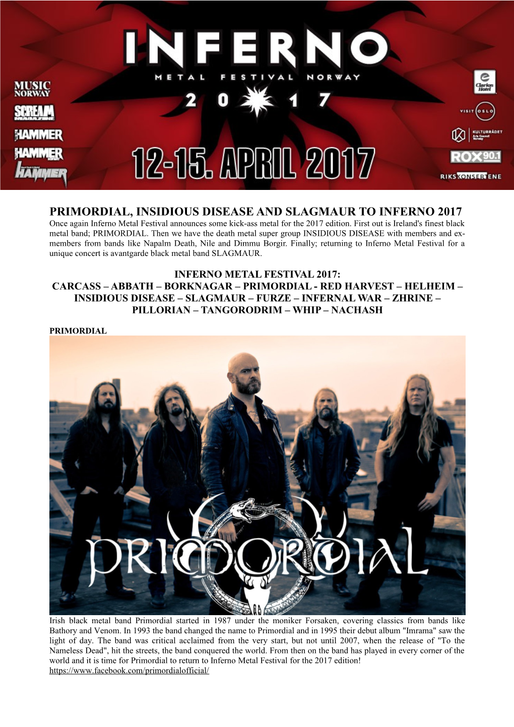 PRIMORDIAL, INSIDIOUS DISEASE and SLAGMAUR to INFERNO 2017 Once Again Inferno Metal Festival Announces Some Kick-Ass Metal for the 2017 Edition