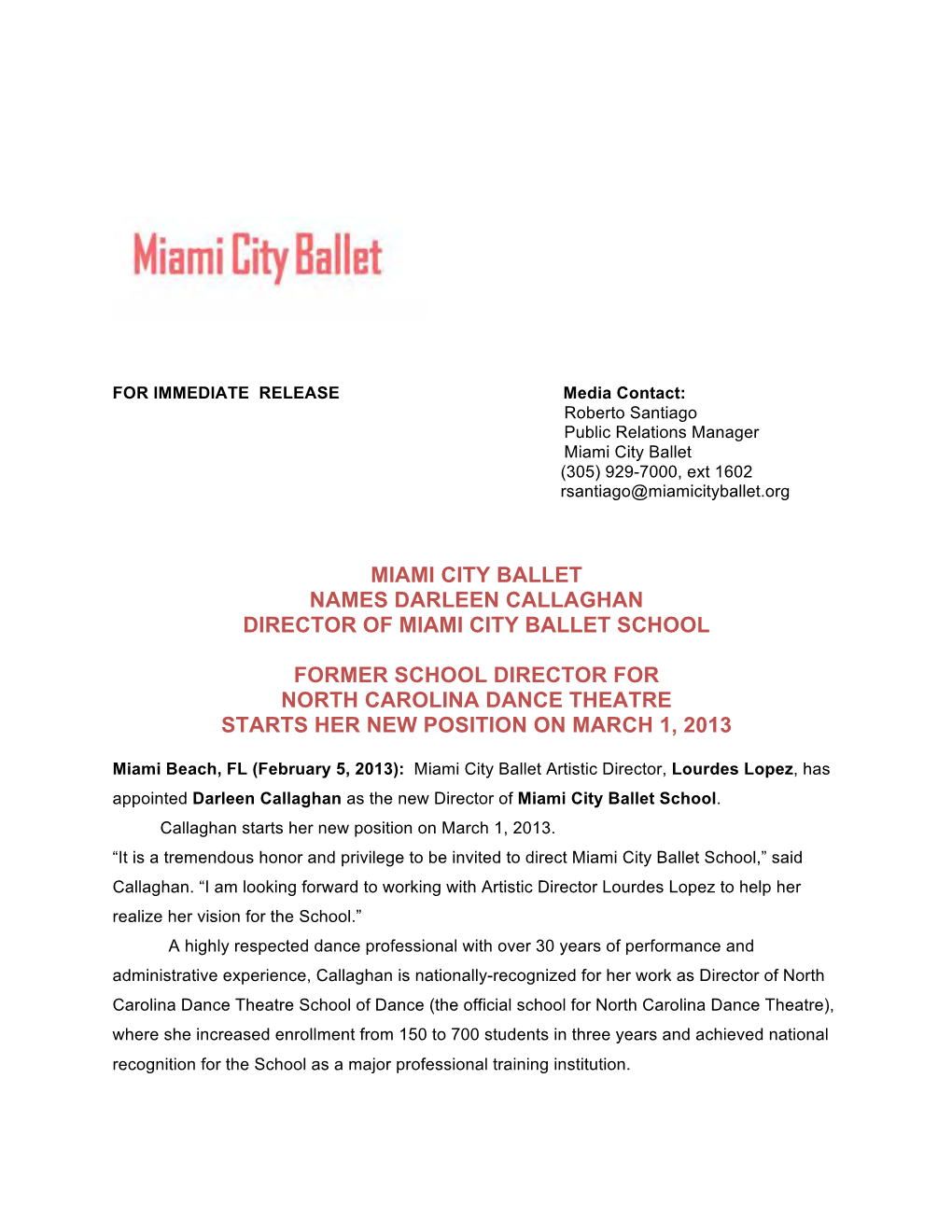 Miami City Ballet Names Darleen Callaghan Director of Miami City Ballet School Former School Director for North Carolina