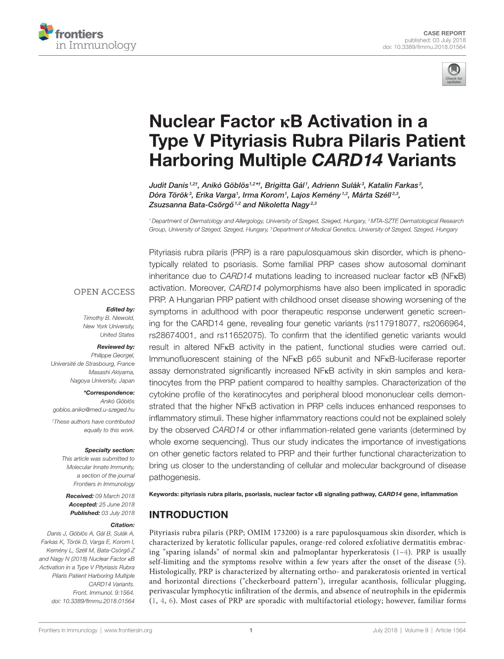 Nuclear Factor Κb Activation in a Type V Pityriasis Rubra Pilaris Patient Harboring Multiple CARD14 Variants