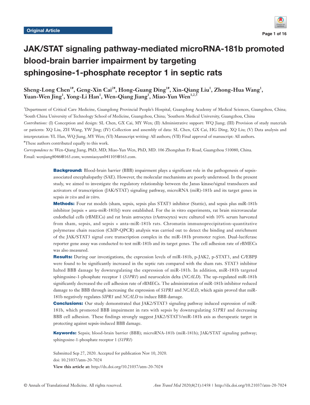 JAK/STAT Signaling Pathway-Mediated Microrna-181B Promoted Blood-Brain Barrier Impairment by Targeting Sphingosine-1-Phosphate Receptor 1 in Septic Rats