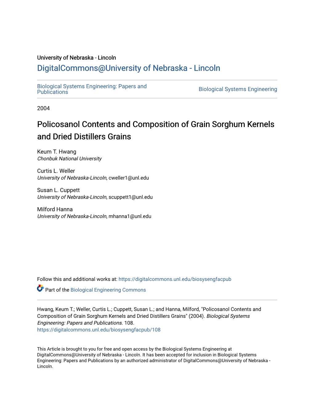 Policosanol Contents and Composition of Grain Sorghum Kernels and Dried Distillers Grains