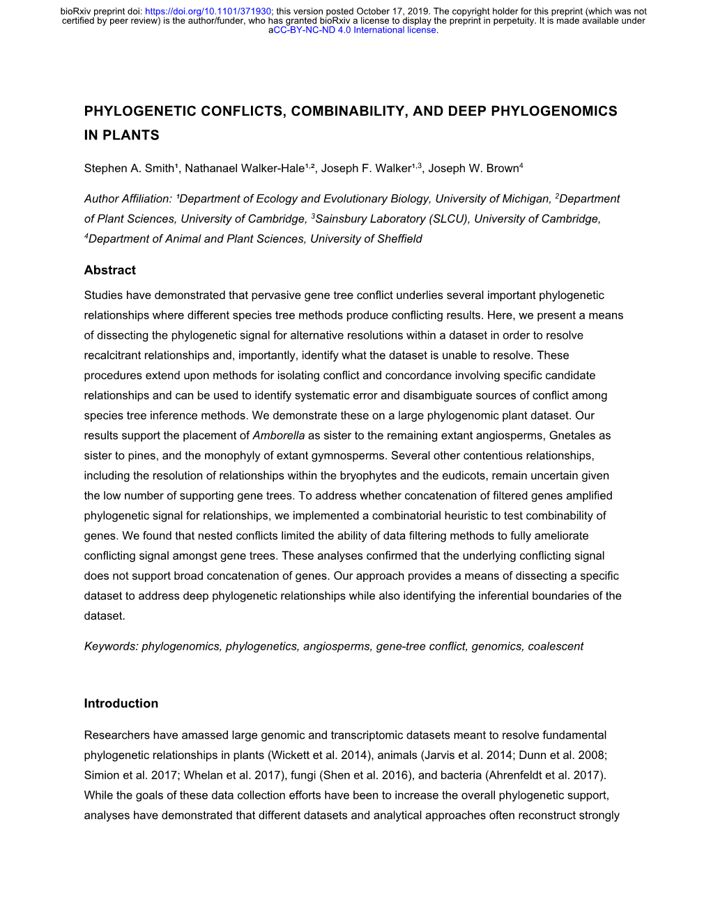 Phylogenetic Conflicts, Combinability, and Deep Phylogenomics in Plants