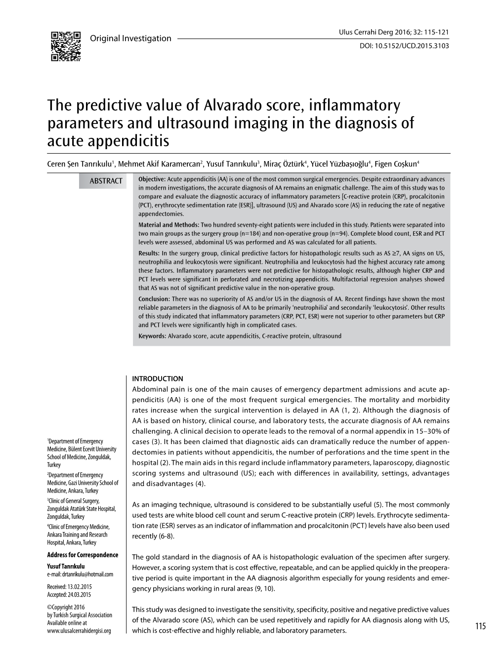 The Predictive Value of Alvarado Score, Inflammatory Parameters and Ultrasound Imaging in the Diagnosis of Acute Appendicitis