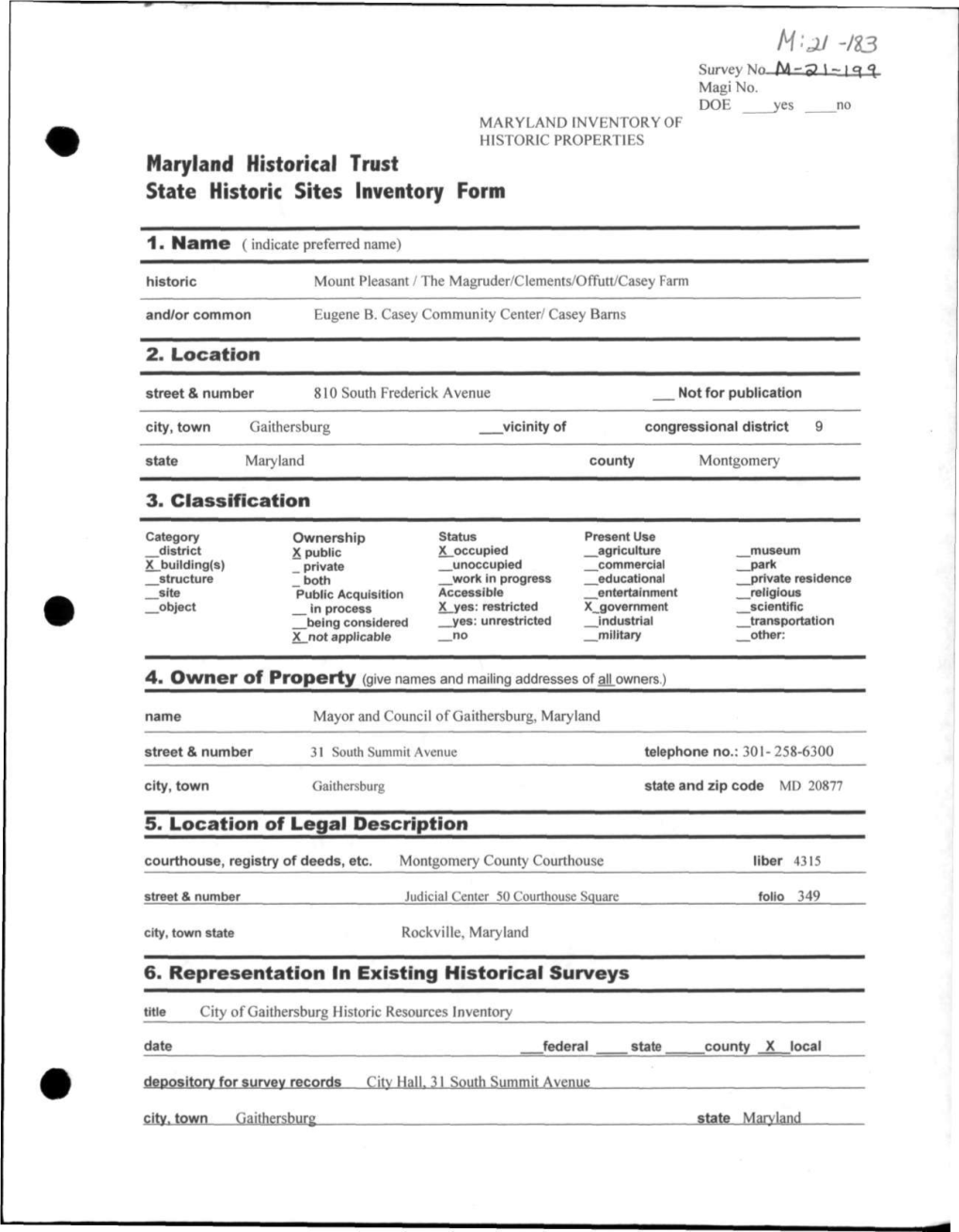 21-183 Maryland Historical Trust State Historic Sites Inventory Form
