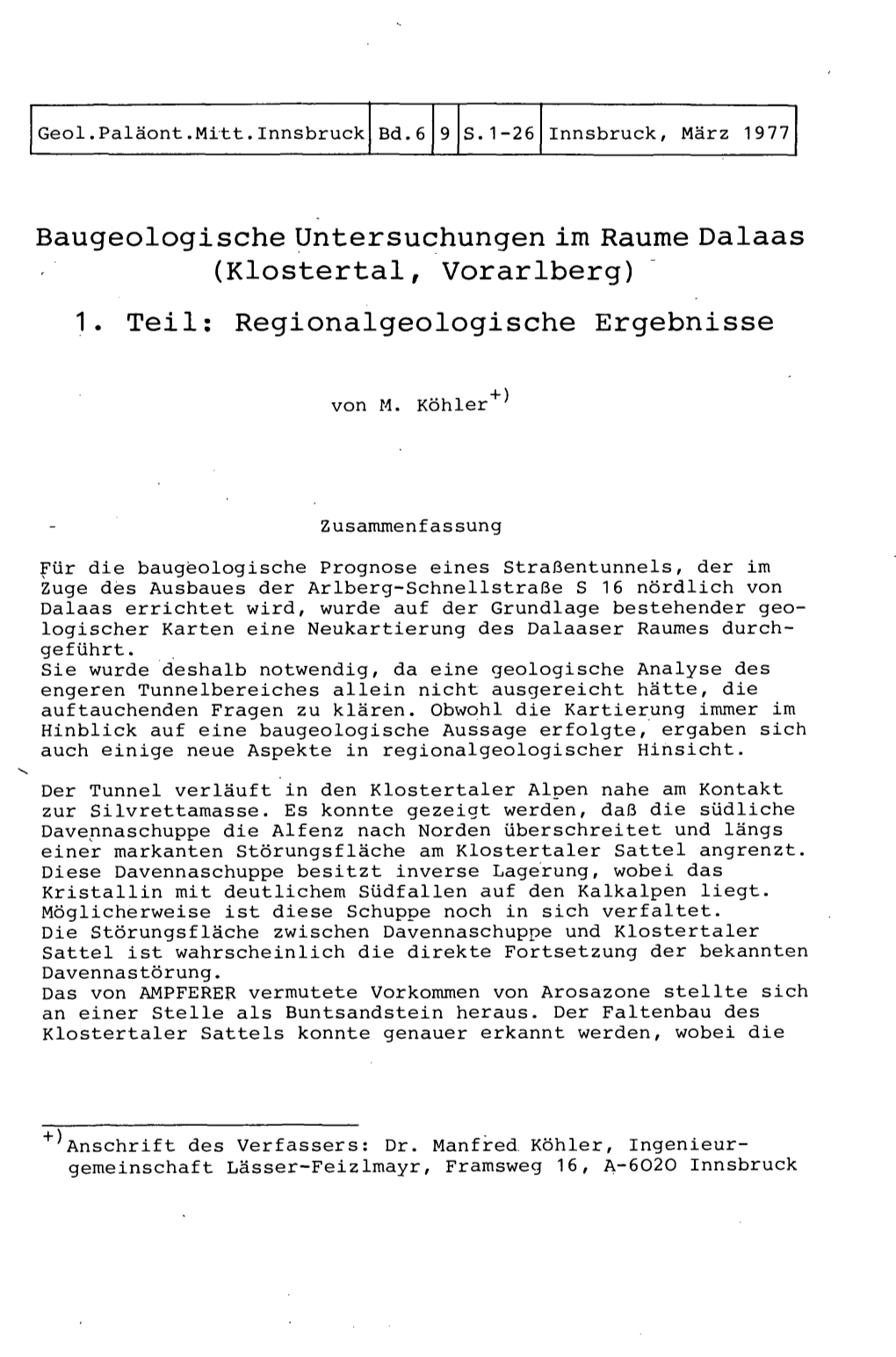 Baugeologische Untersuchungen Im Räume Dalaas (Klostertal, Vorarlberg) 1