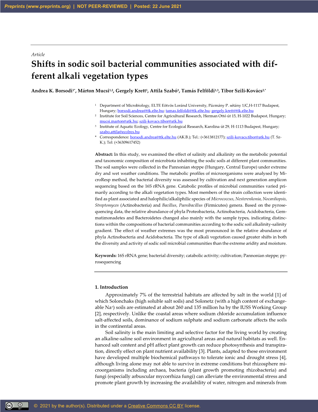 Shifts in Sodic Soil Bacterial Communities Associated with Dif- Ferent Alkali Vegetation Types