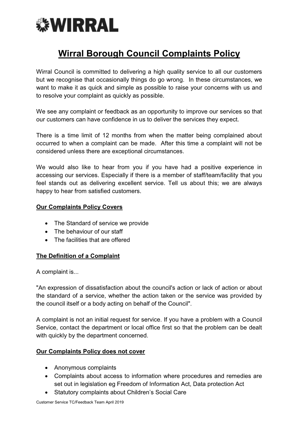 Wirral Borough Council Complaints Policy
