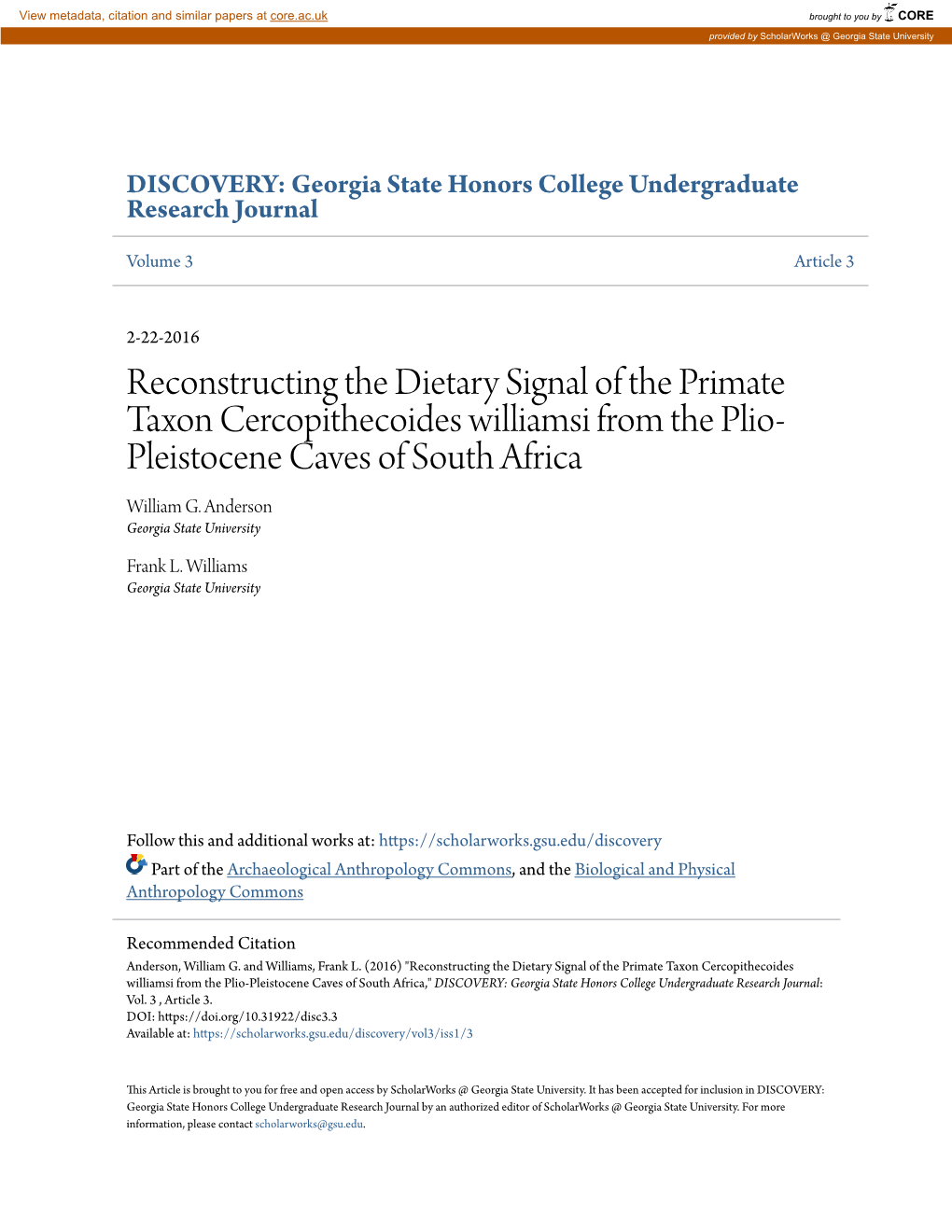Reconstructing the Dietary Signal of the Primate Taxon Cercopithecoides Williamsi from the Plio- Pleistocene Caves of South Africa William G