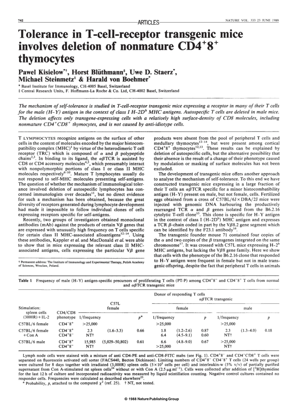 Cell-Receptor Transgenic Mice Involves Deletion of Nonmature CD4+8+ Thymocytes Pawel Kisielow"T, Horst Bliithmann*, Uwe D