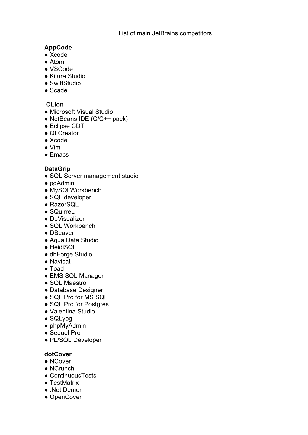 List of Main Jetbrains Competitors Appcode Xcode Atom Vscode Kitura Studio Swiftstudio Scade Clion