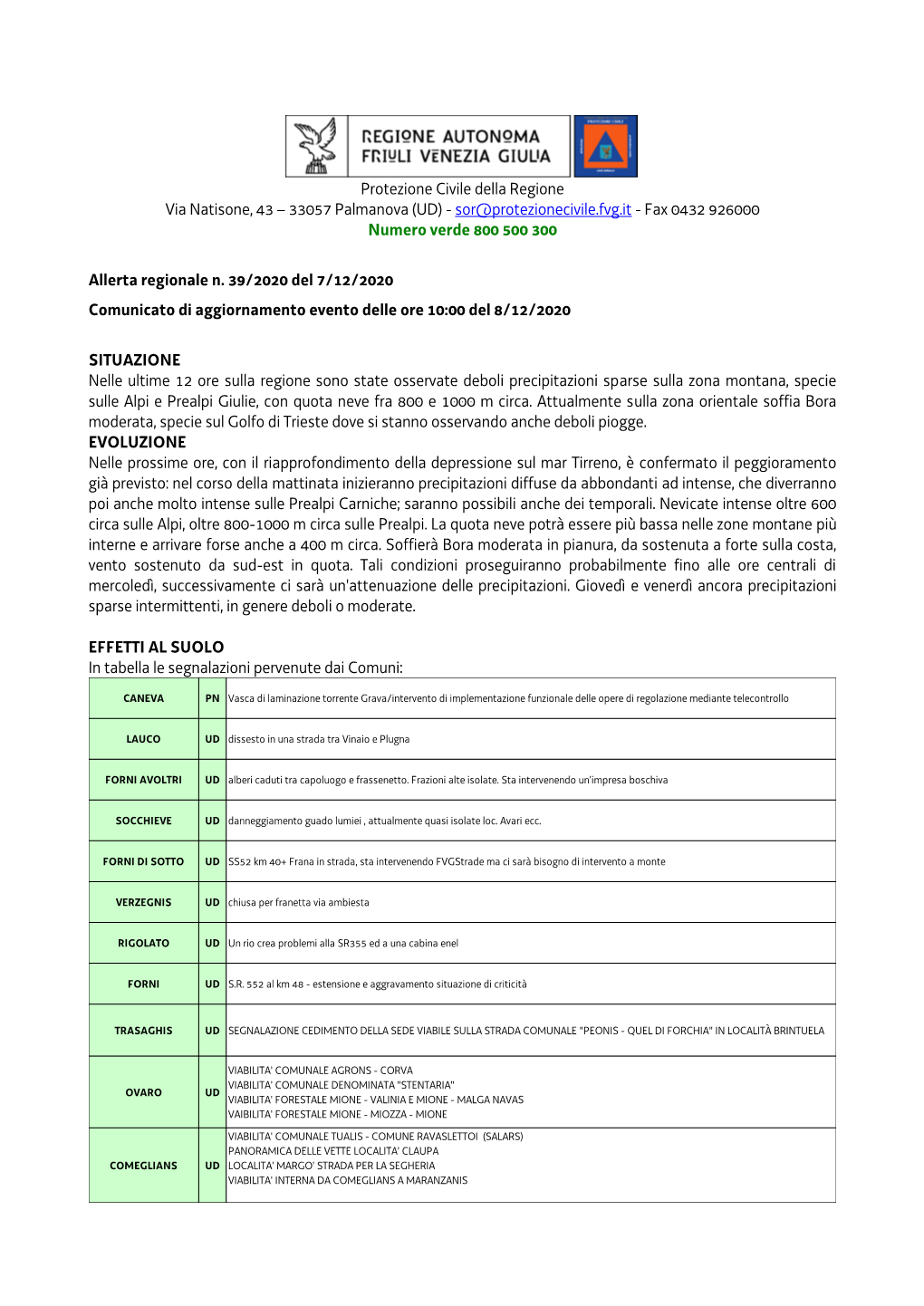 UD) - Sor@Protezionecivile.Fvg.It - Fax 0432 926000 Numero Verde 800 500 300