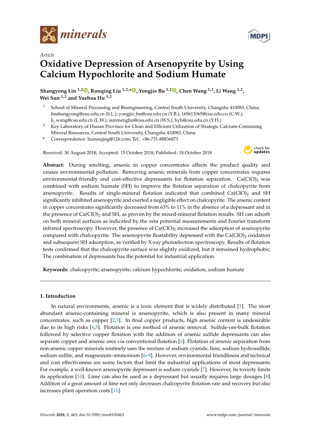 Oxidative Depression of Arsenopyrite by Using Calcium Hypochlorite and Sodium Humate