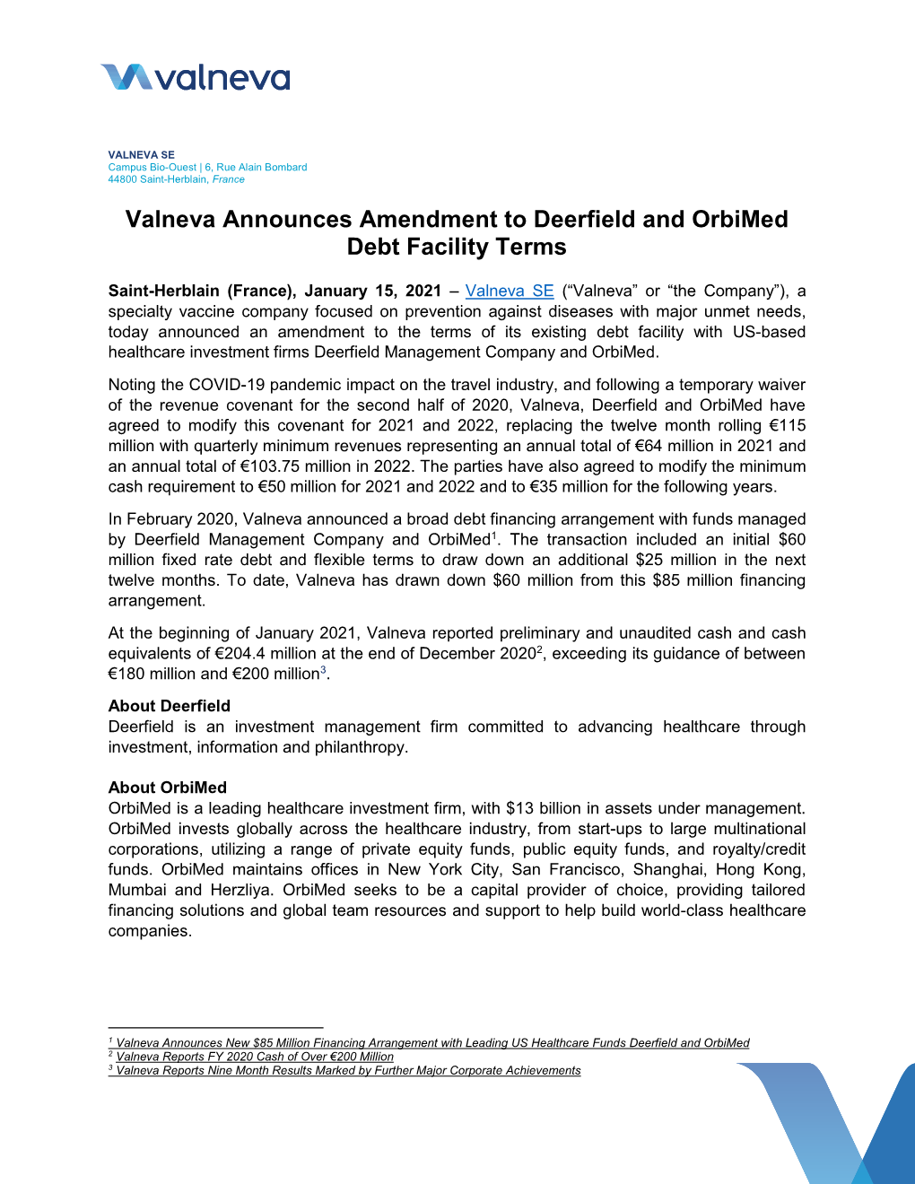 Valneva Announces Amendment to Deerfield and Orbimed Debt Facility Terms