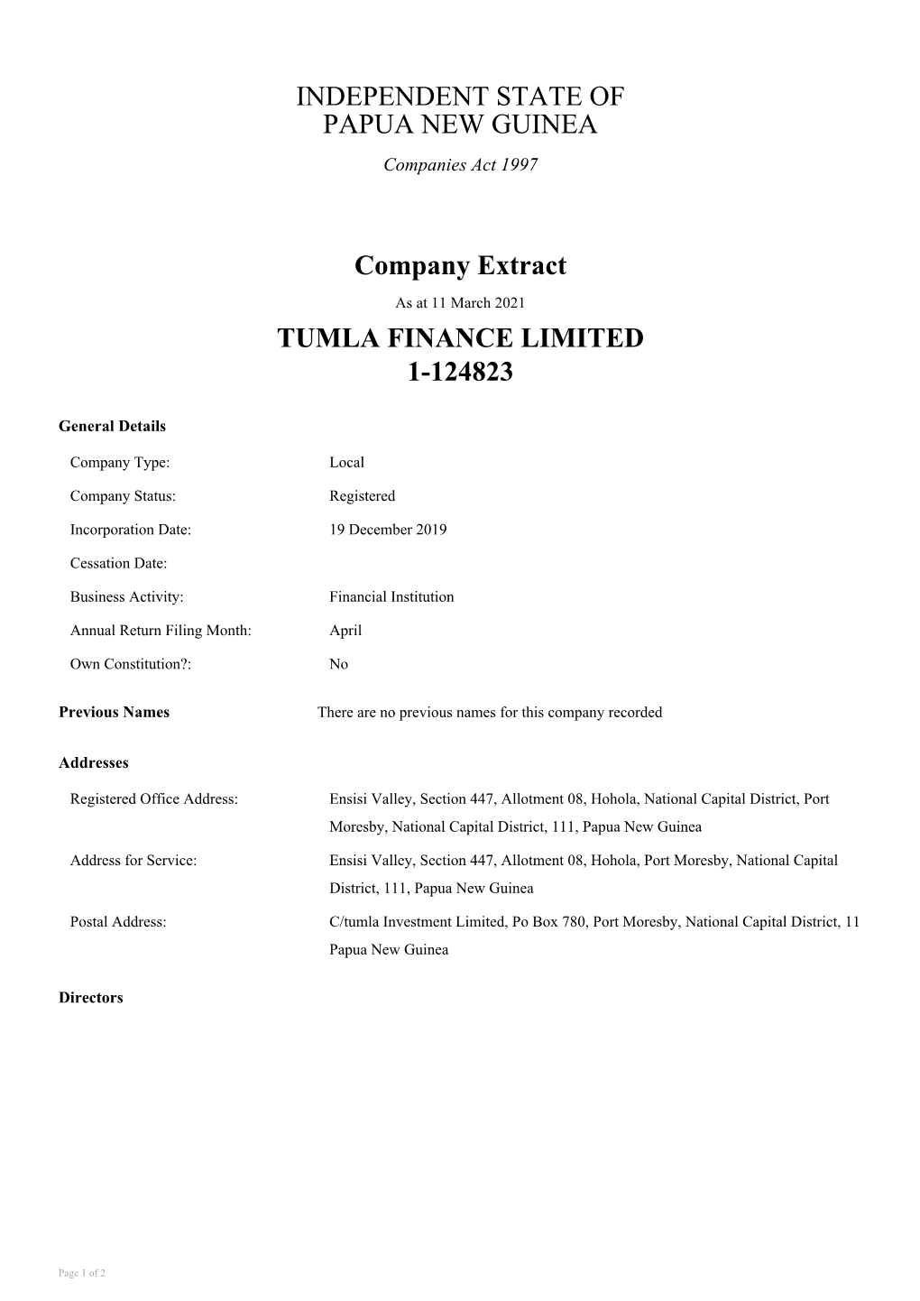 INDEPENDENT STATE of PAPUA NEW GUINEA Companies Act 1997