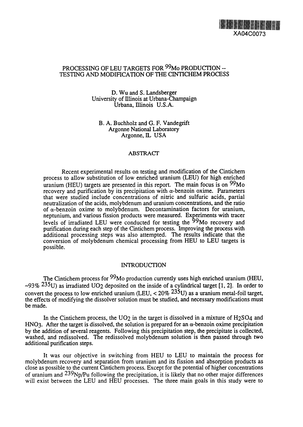 Xa04co073 Processing of Leu Targets for 99Mo