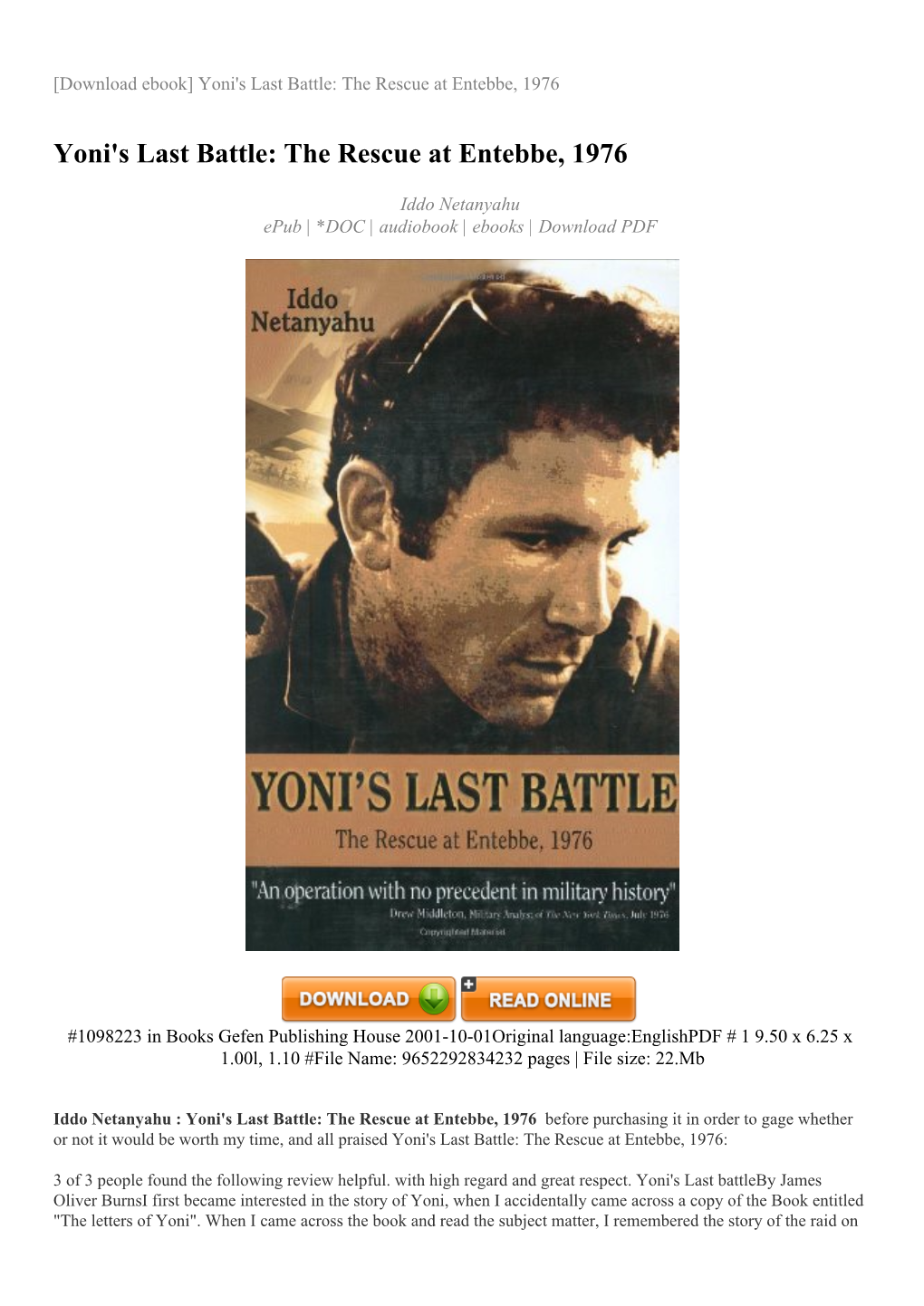 Yoni's Last Battle: the Rescue at Entebbe, 1976