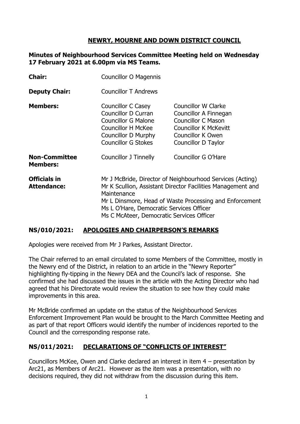 NEWRY, MOURNE and DOWN DISTRICT COUNCIL Minutes Of