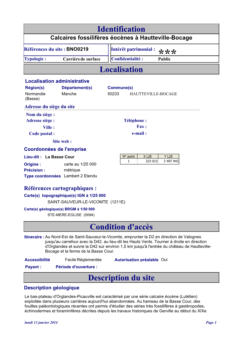 Localisation Condition D'accès Description Du Site Identification