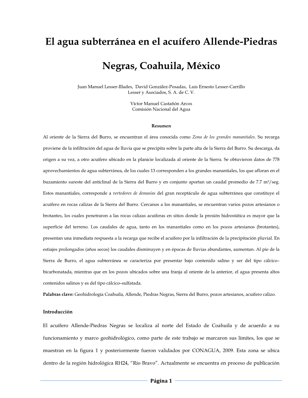 El Agua Subterránea En El Acuífero Allende-Piedras Negras, Coahuila