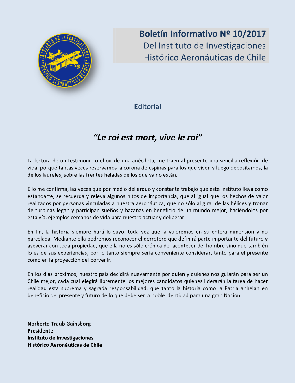 Boletín Informativo Nº 10/2017 Del Instituto De Investigaciones Histórico Aeronáuticas De Chile