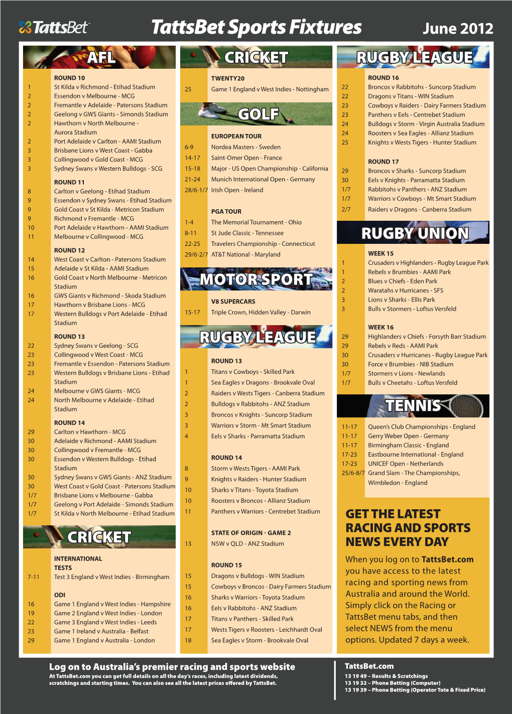 Tattsbet Sports Fixtures June 2012