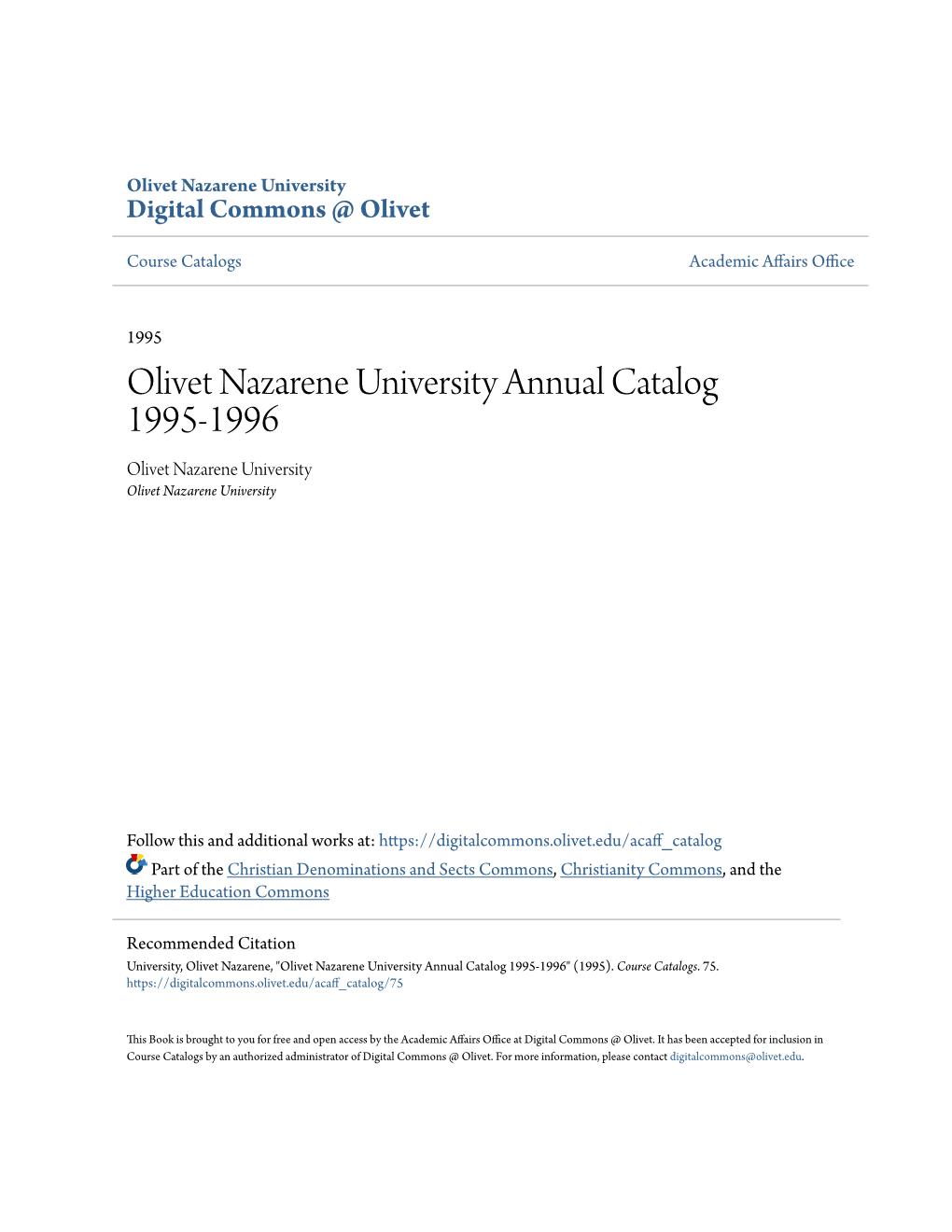 Olivet Nazarene University Annual Catalog 1995-1996 Olivet Nazarene University Olivet Nazarene University