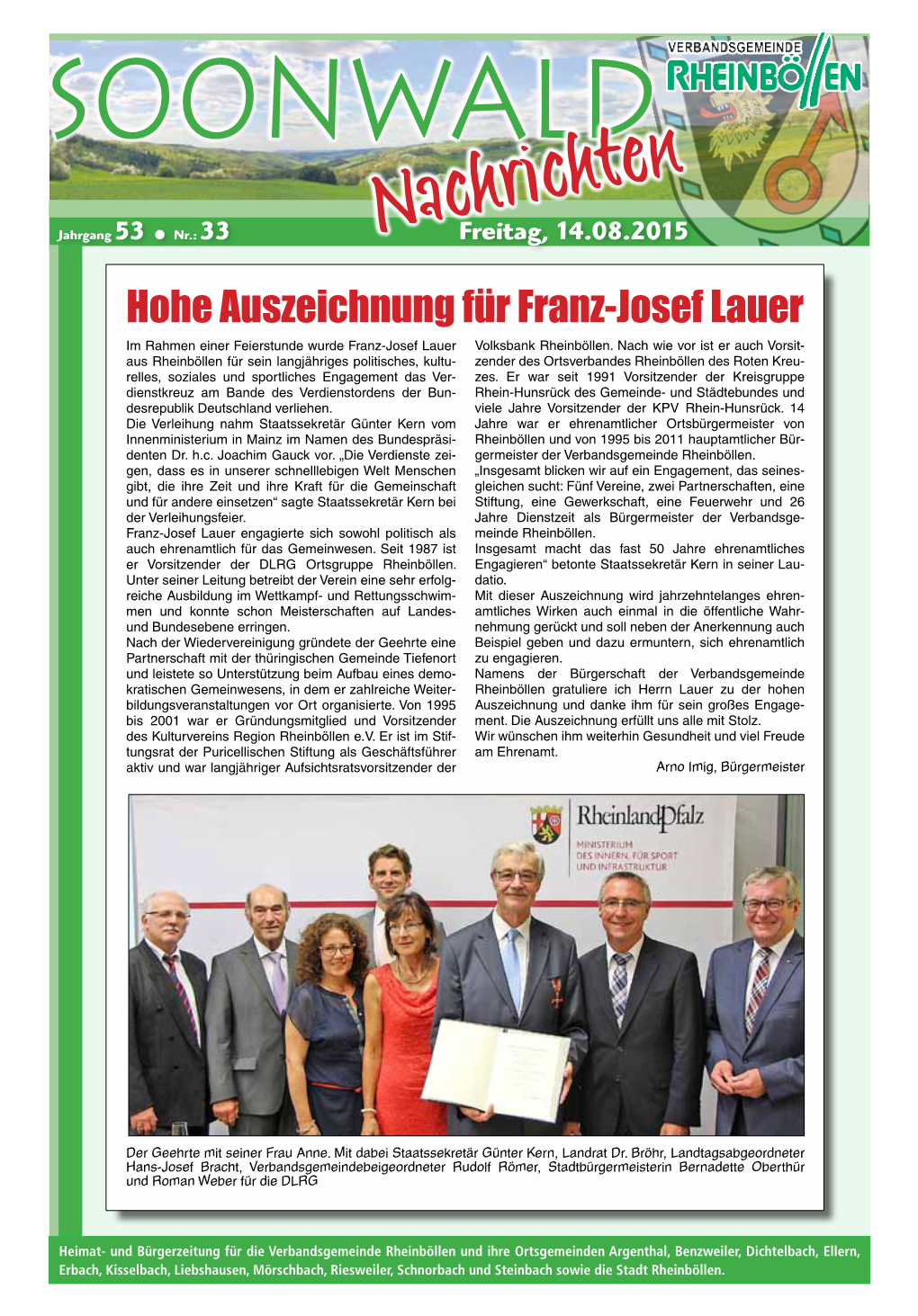 Hohe Auszeichnung Für Franz-Josef Lauer Im Rahmen Einer Feierstunde Wurde Franz-Josef Lauer Volksbank Rheinböllen