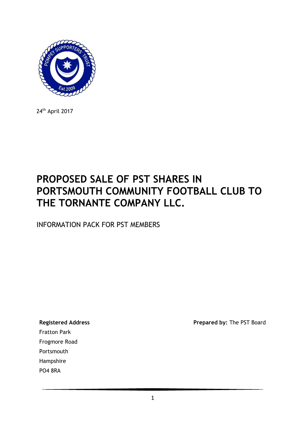 Proposed Sale of Pst Shares in Portsmouth Community Football Club to the Tornante Company Llc