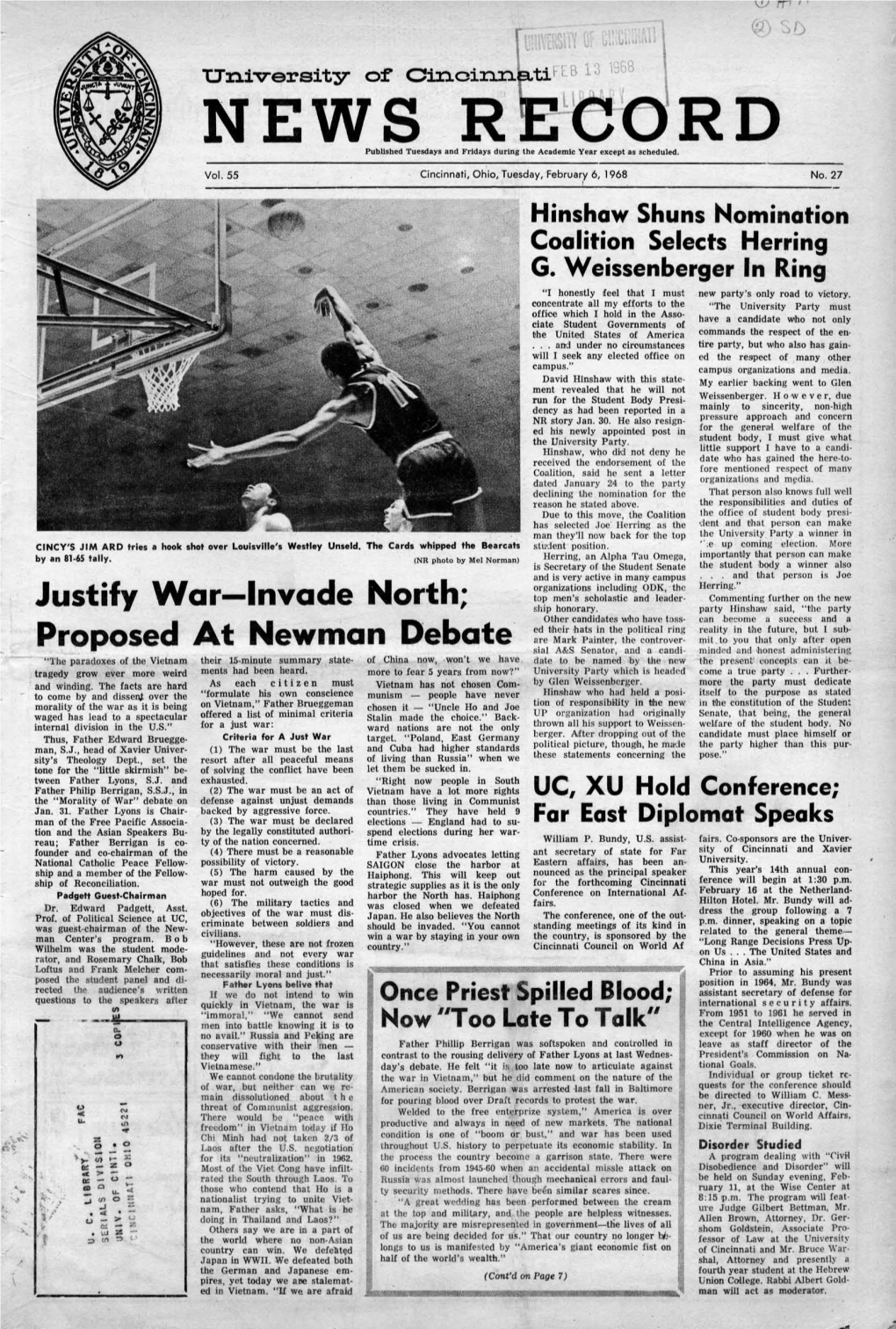 University of Cincinnati News Record. Tuesday, February 6, 1968. Vol. LV