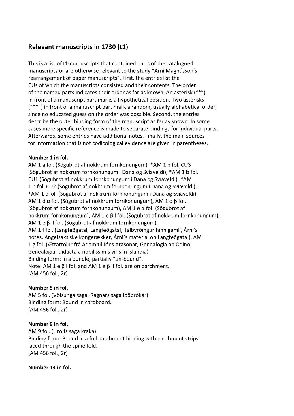 Relevant Manuscripts in 1730 (T1)