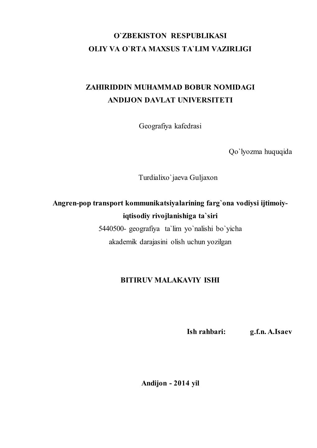 O`Zbekiston Respublikasi Oliy Va O`Rta Maxsus Ta`Lim Vazirligi