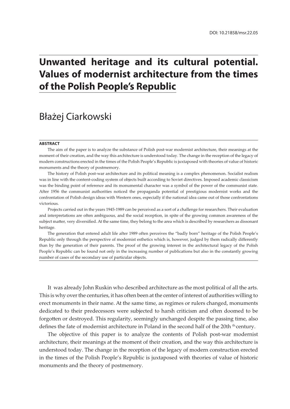 Unwanted Heritage and Its Cultural Potential. Values of Modernist Architecture from the Times of the Polish People’S Republic