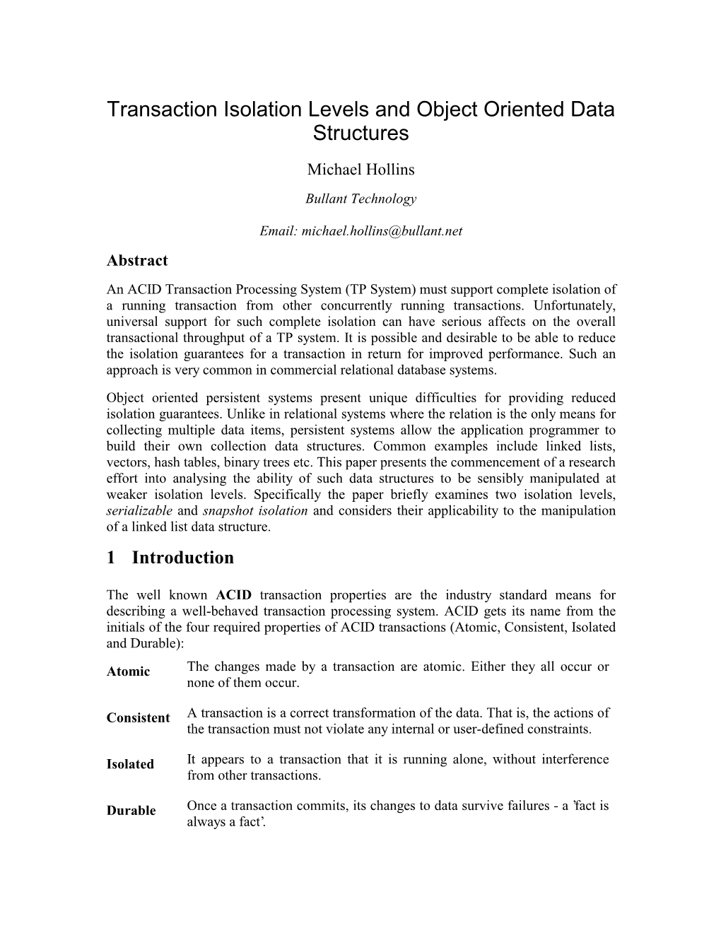 Transaction Isolation Levels and Object Oriented Data Structures