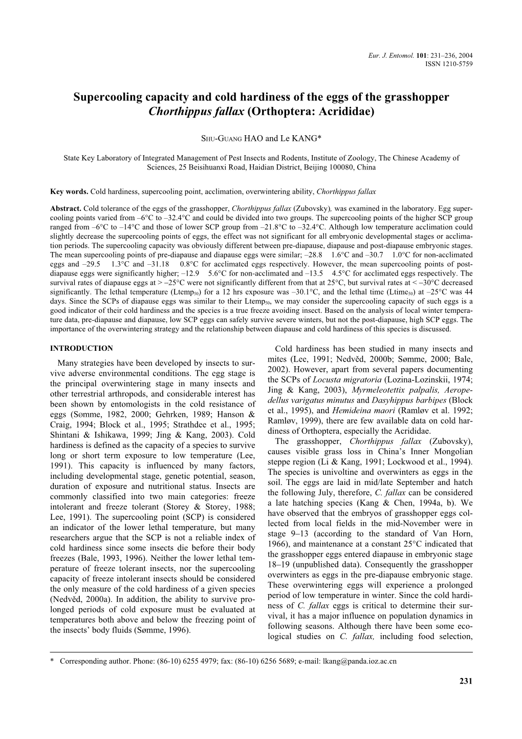 Supercooling Capacity and Cold Hardiness of the Eggs of the Grasshopper Chorthippus Fallax (Orthoptera: Acrididae)