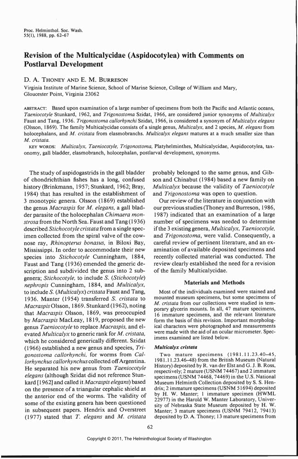 (Aspidocotylea) with Comments on Postlarval Development