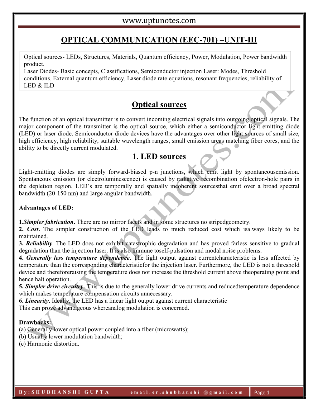Optical Communication (Eec-701) –Unit-Iii