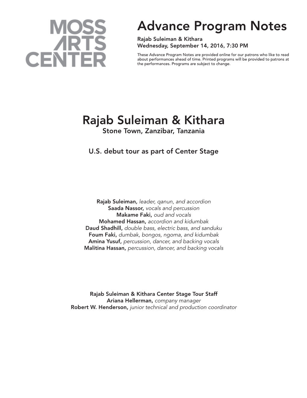 Advance Program Notes Rajab Suleiman & Kithara Wednesday, September 14, 2016, 7:30 PM