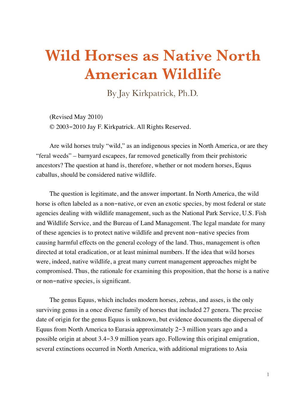 Wild Horses As Native North American Wildlife by Jay Kirkpatrick, Ph.D