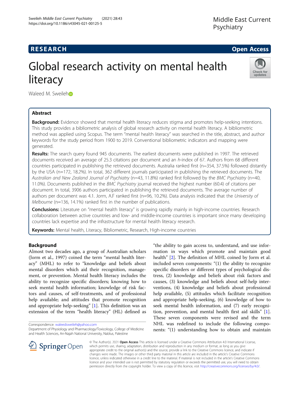 Global Research Activity on Mental Health Literacy Waleed M