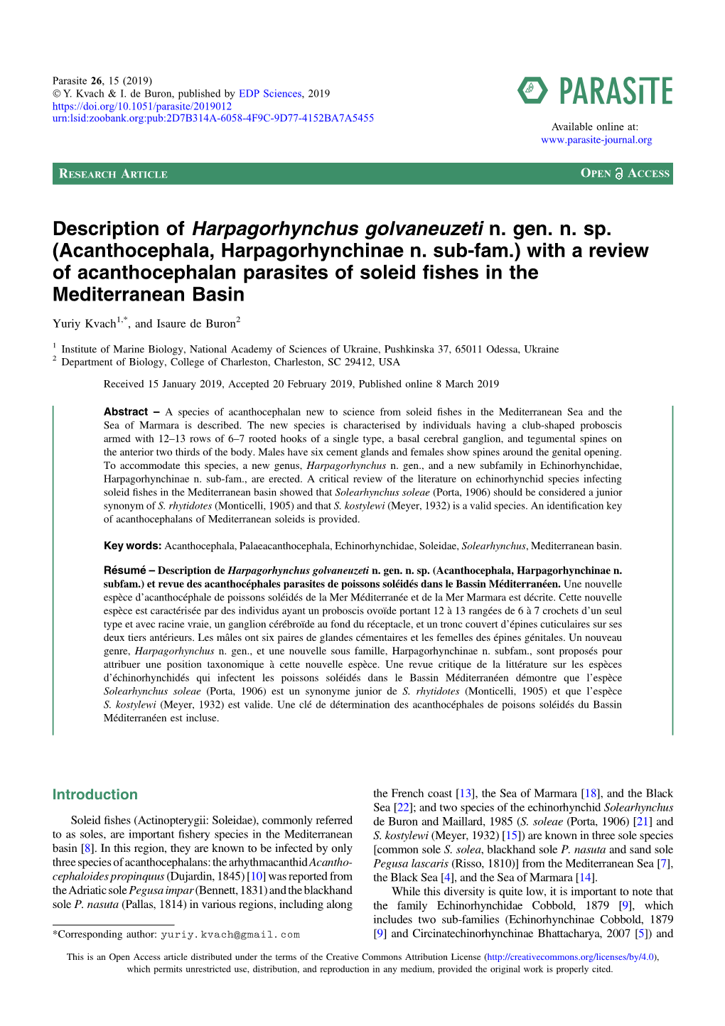 Of Acanthocephalan Parasites of Soleid Fishes in the Mediterranean Basin