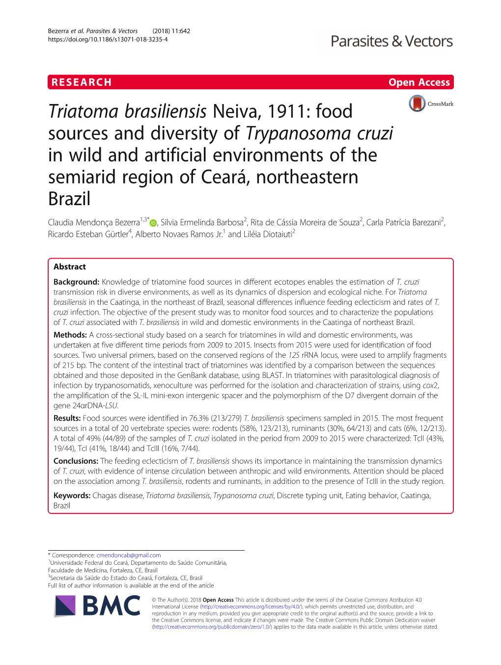 Triatoma Brasiliensis Neiva, 1911: Food Sources and Diversity Of