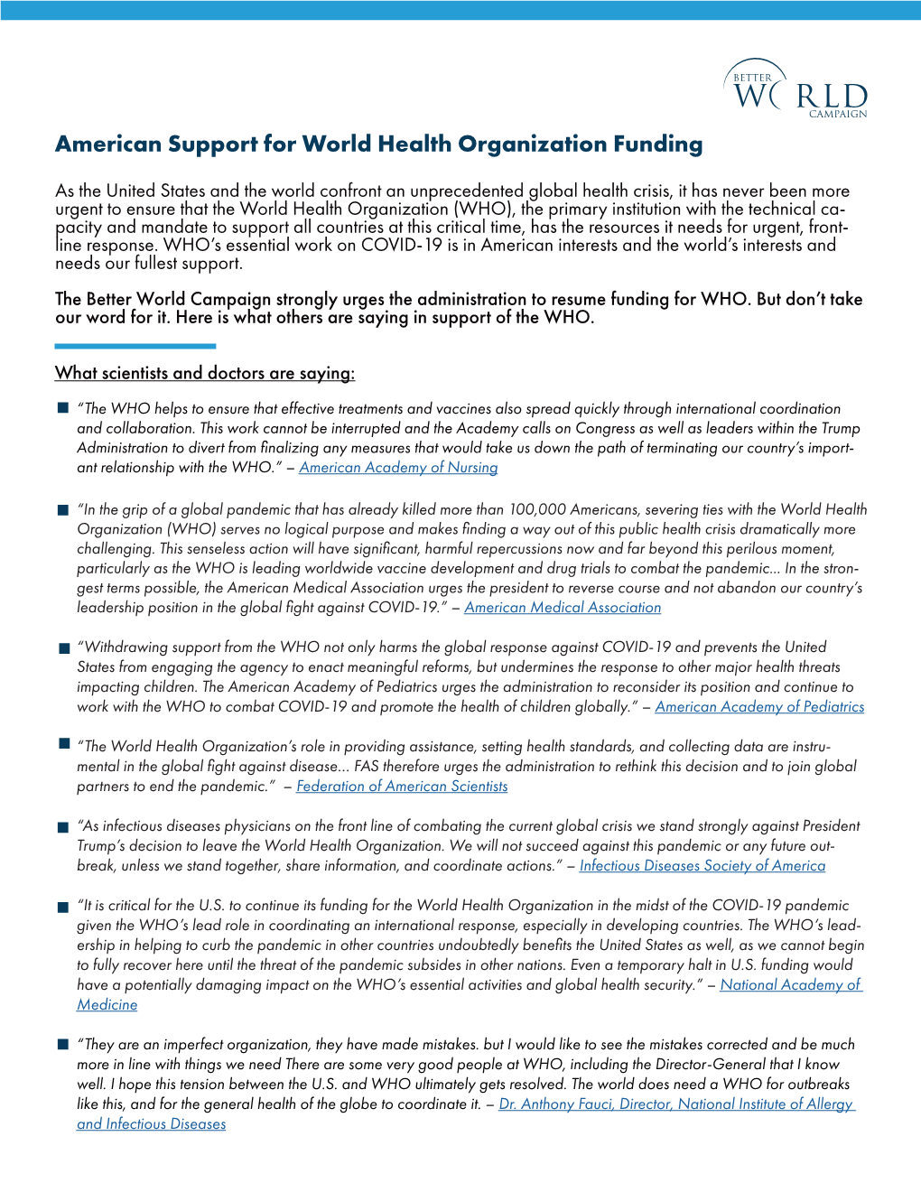 American Support for World Health Organization Funding