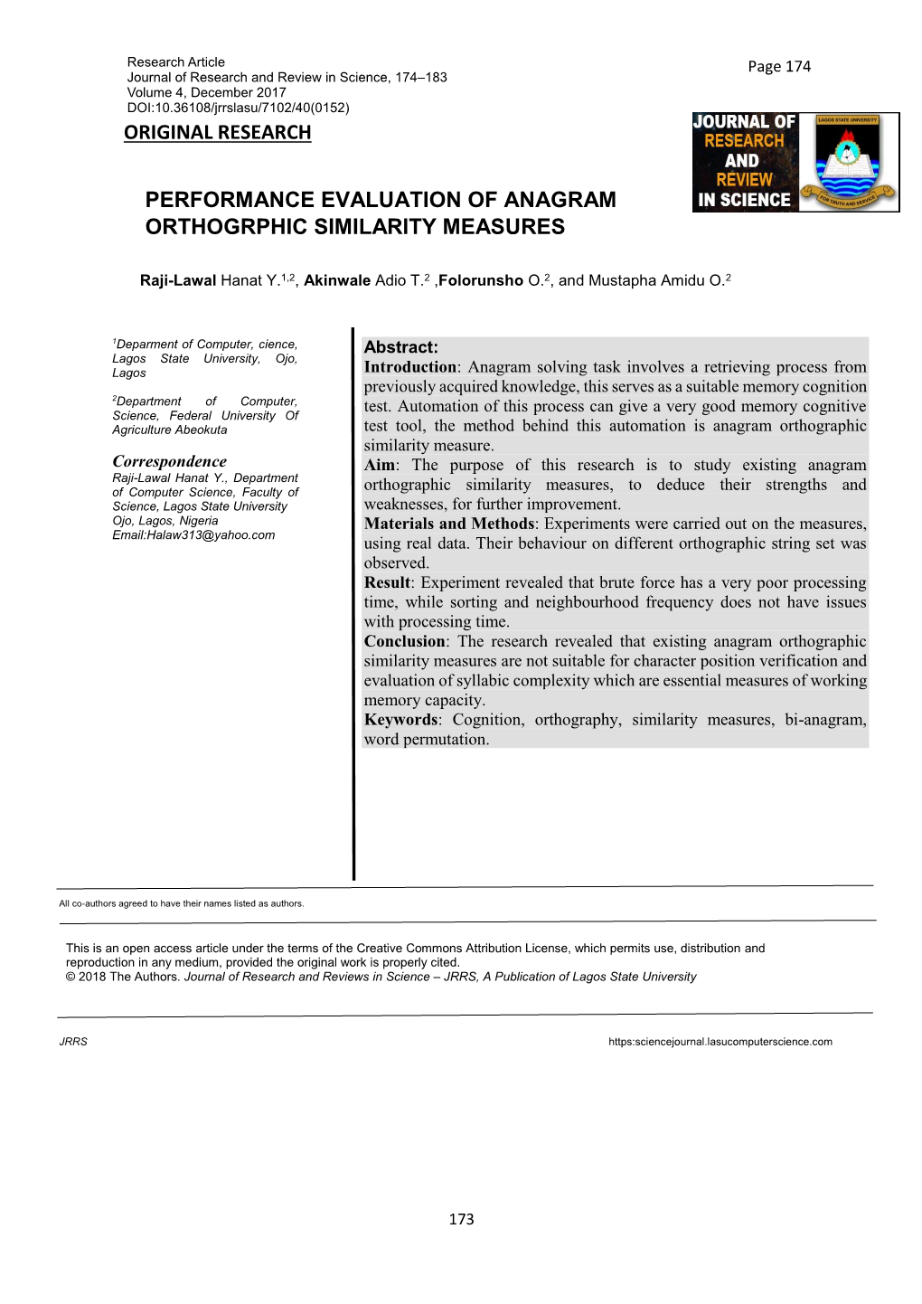 Performance Evaluation of Anagram Orthogrphic Similarity Measures Original Research