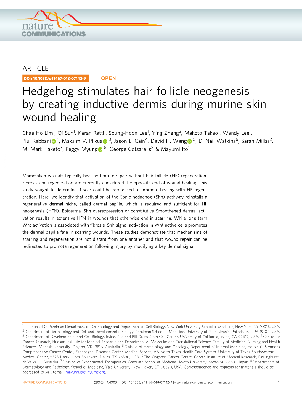 Hedgehog Stimulates Hair Follicle Neogenesis by Creating Inductive Dermis During Murine Skin Wound Healing