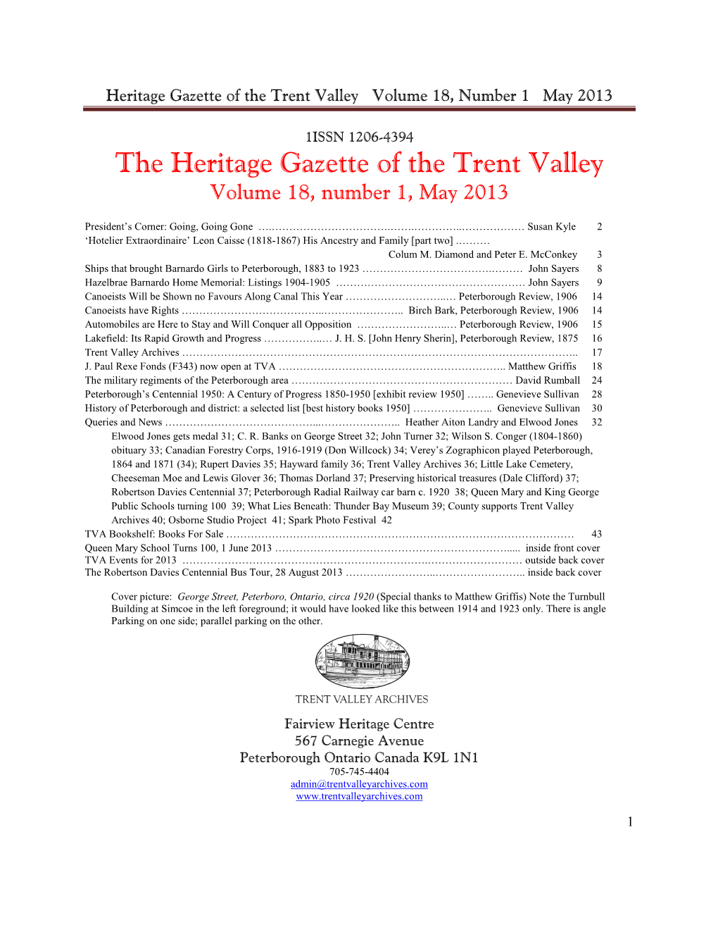 Heritage Gazette of the Trent Valley Volume 18, Number 1 May 2013