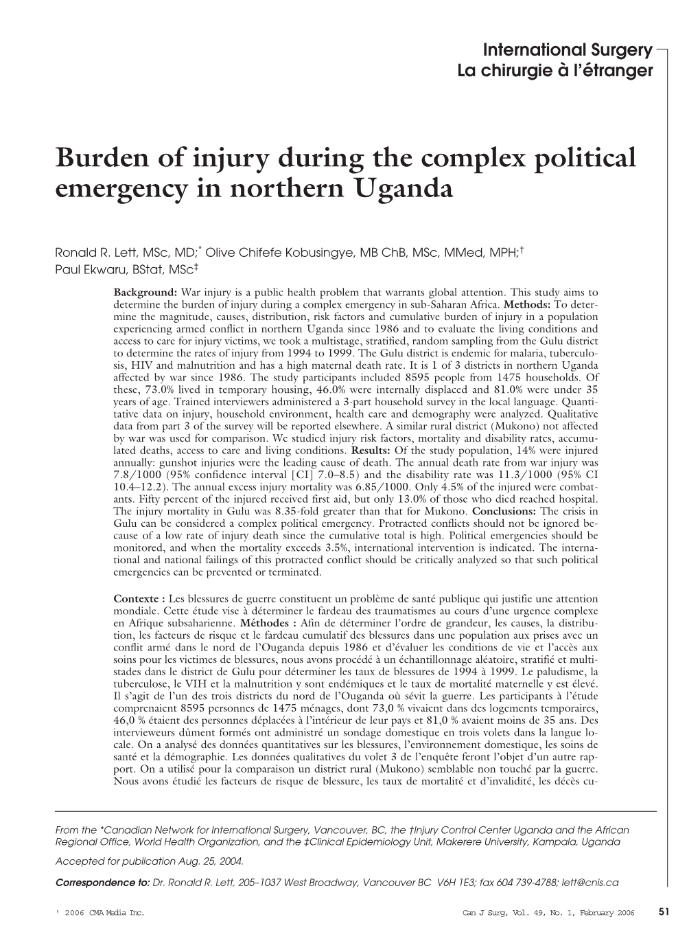 Burden of Injury During the Complex Political Emergency in Northern Uganda