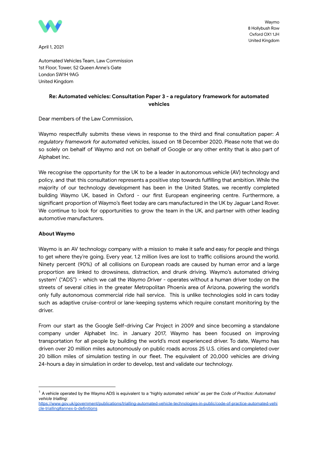Waymo Submission to Law Commission Automated Vehicles Consultation Paper 3