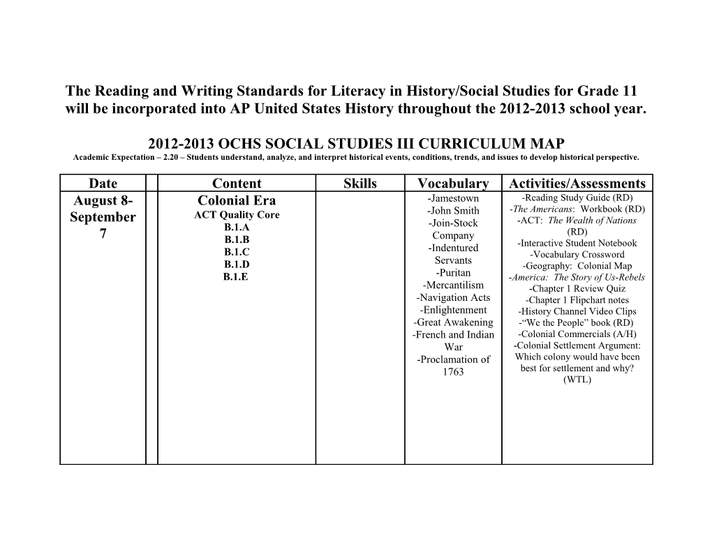 The Reading and Writing Standards for Literacy in History/Social Studies for Grade 11 Will